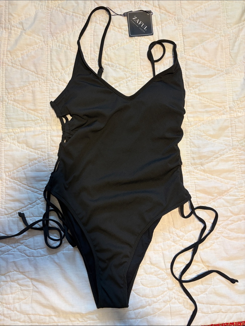 Zaful Black Ribbed One-Piece Swimsuit with Side Ties